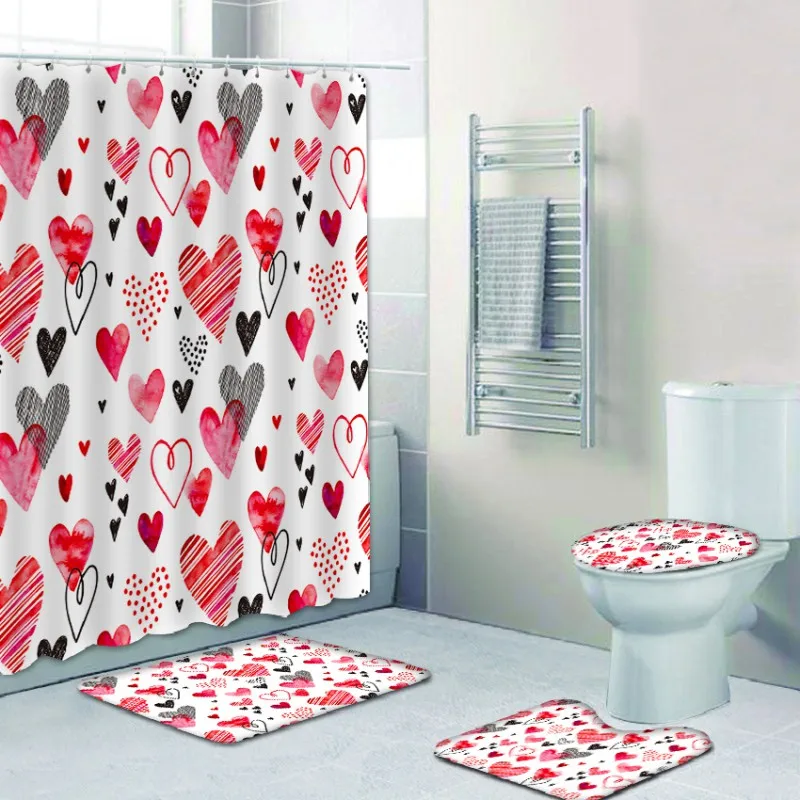 

Happy Shower 4 Piece Set Bathroom Products Personalized Printing Shower Curtain Floor Mat Base Mat Toilet Mats Set