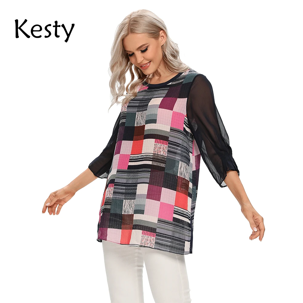 

Kesty Women Polyester Trendy Plaid Shirt with 3/4 Chiffon Sleeve Female Casual Blouse Lady Summer Fashion