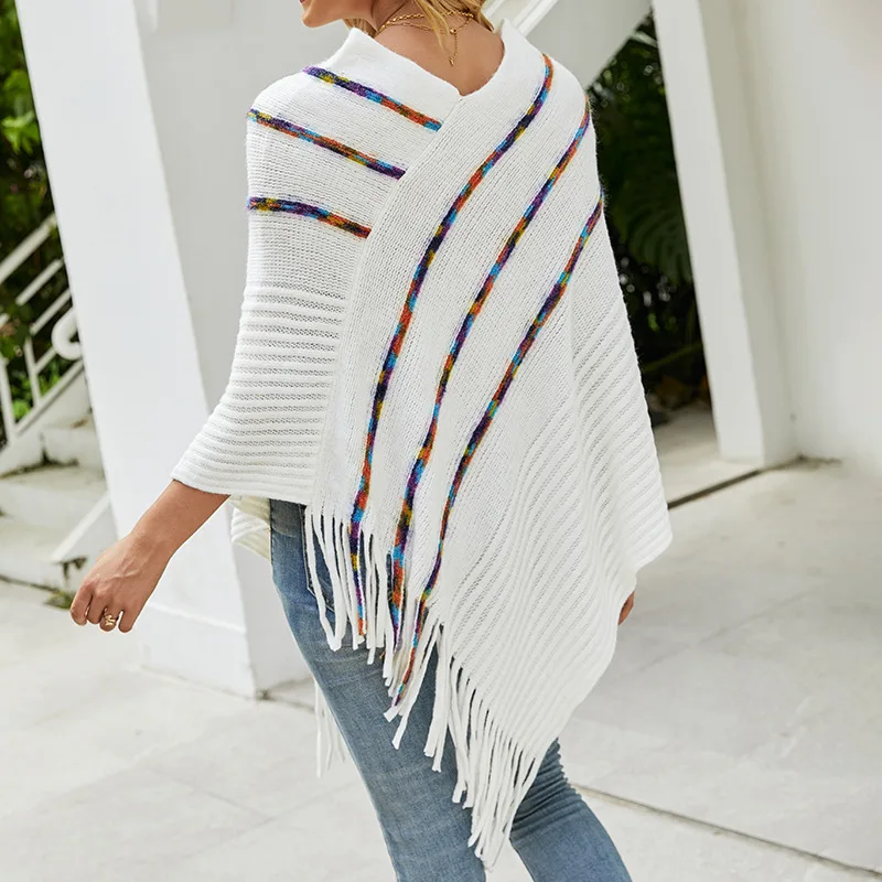 

Women's 2021 new colorful striped fringed cloak wish stand-alone foreign trade knitted sweater