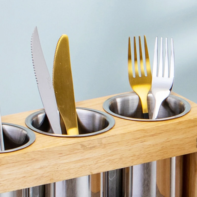 4 cup flatware holder stainless steel cutlery basket with wooden base stand for fork knife spoon chopsticks kitchen dropshipping free global shipping