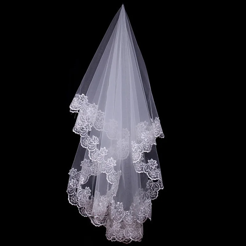 

White Color Wedding Veils 1.5 Meter Bridal Veil Appliques Long Lace Edge No Comb Wedding Accessories 2021