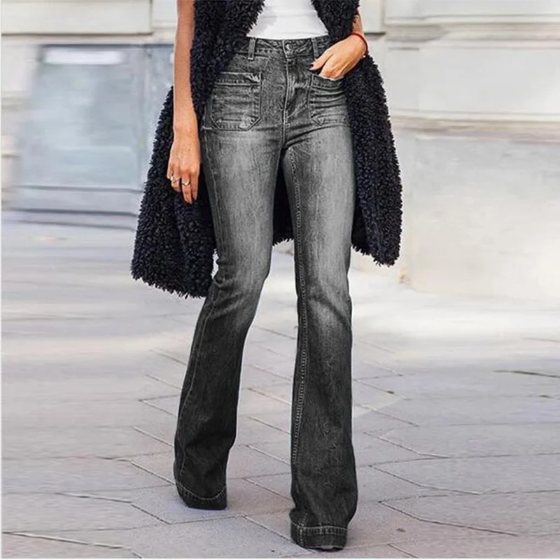 

WEPBEL New Women Fashion Plus Size Vintage Bell Bottom Denim Pants Middle Waist Fitted Denim Jeans Flare Slim Pants