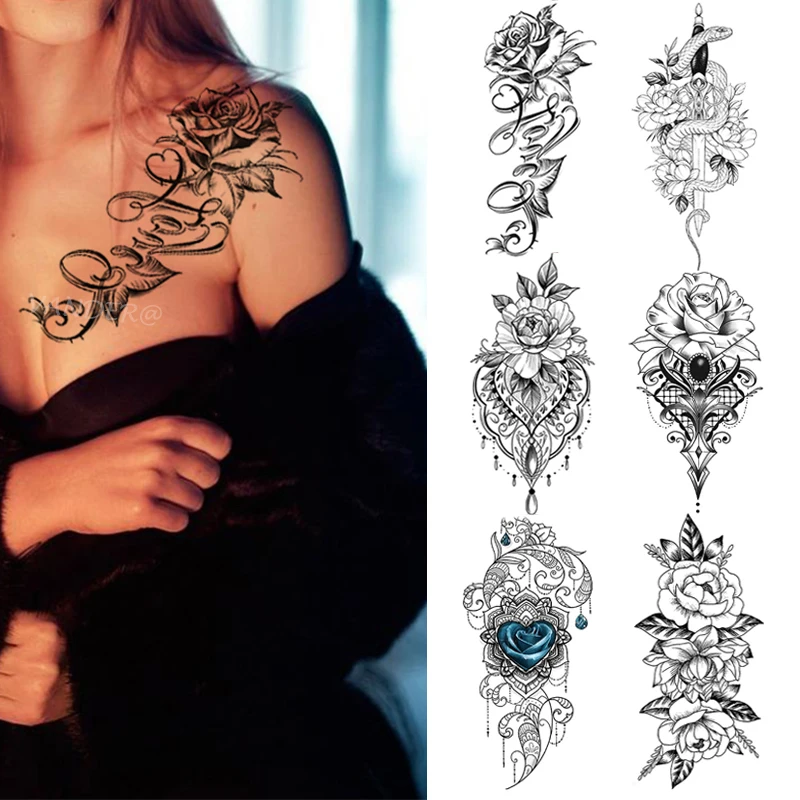 

Водостойкая временная татуировка с черными цветами, пиона, роза, змея, боди-арт, рукав-наклейка, переводное украшение для девушек и женщин