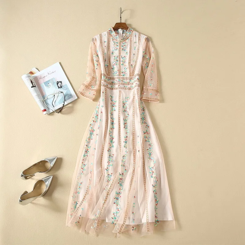 Новинка 2020 весна-лето женское высококачественное Сетчатое платье с вышивкой