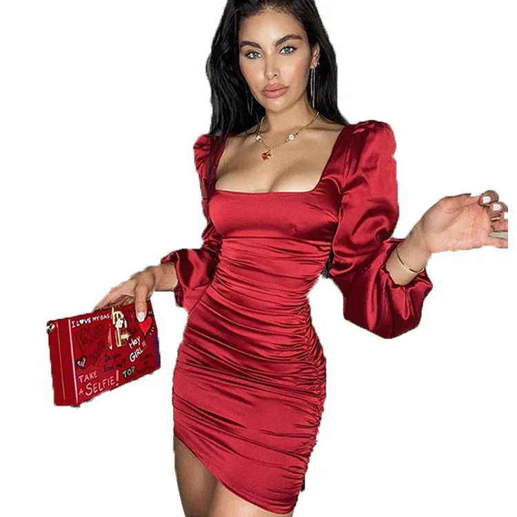 

Solid Square Collar Sexy Dresses New Satin Puff-Sleeve Ruched Dress for Women Ladies Streetwear Backless Zip Vestidos