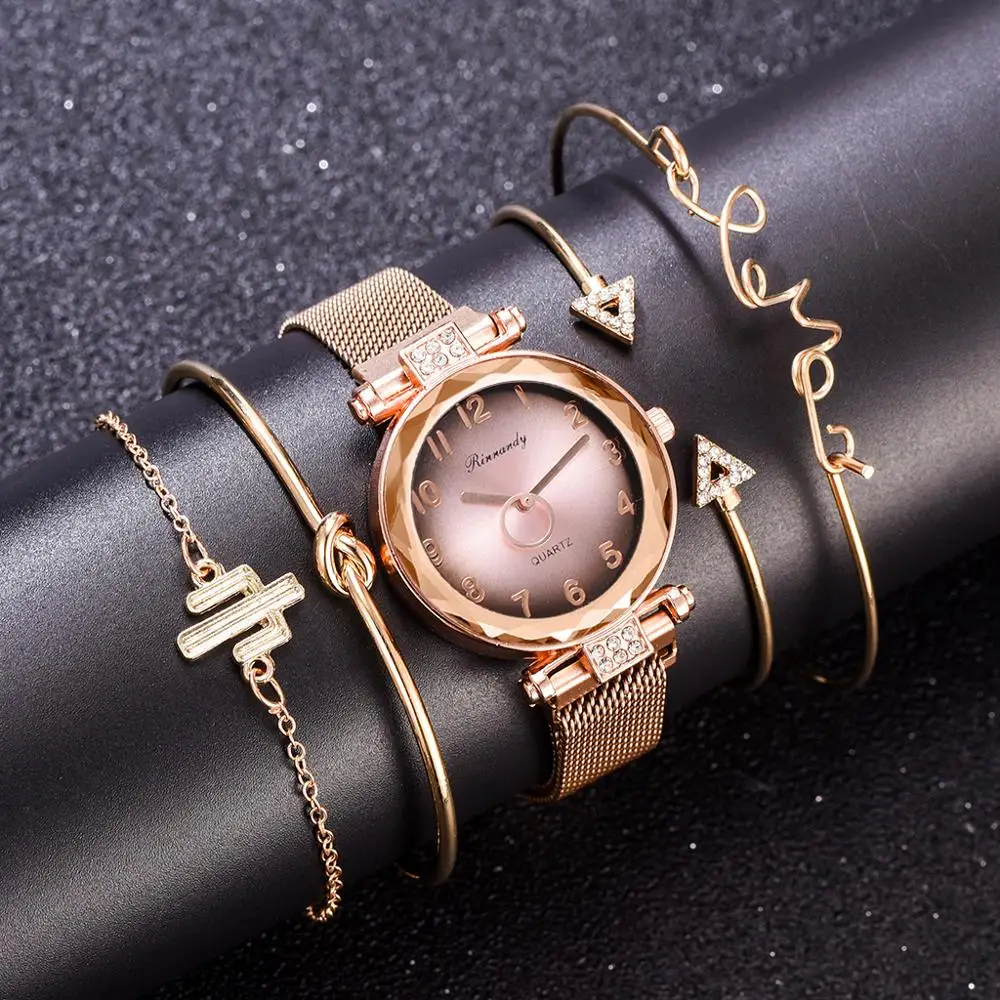 

5PCS Watch Set With Bracelet Bangle Dazzling Jewelry Quartz Clock Magnetic Gradient Crystal Dial Ladies Wristwatch Women Clock