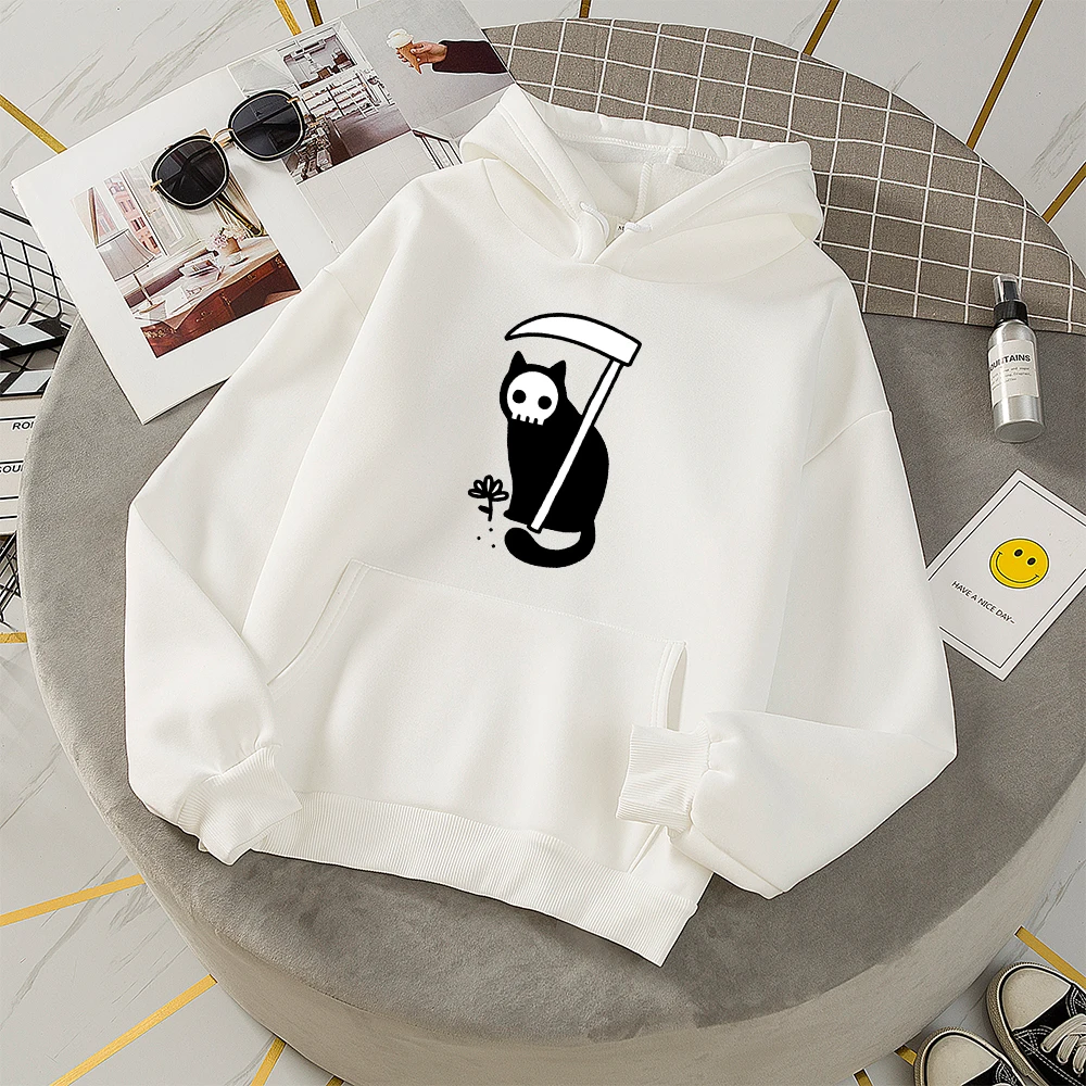 

Толстовка женская оверсайз, Модный свитшот в стиле Харадзюку, худи с графическим принтом, худи свободного кроя в готическом стиле с изображением кота и черепа