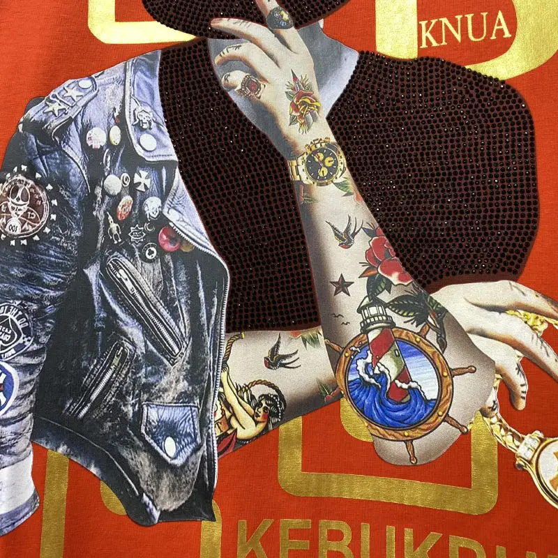 

Men's T-shirt Printing Rhinestone 2021 Summer New Trend Handsome Hip Hop Streetwear Party Bright Colors Cotton Male Top Clothing