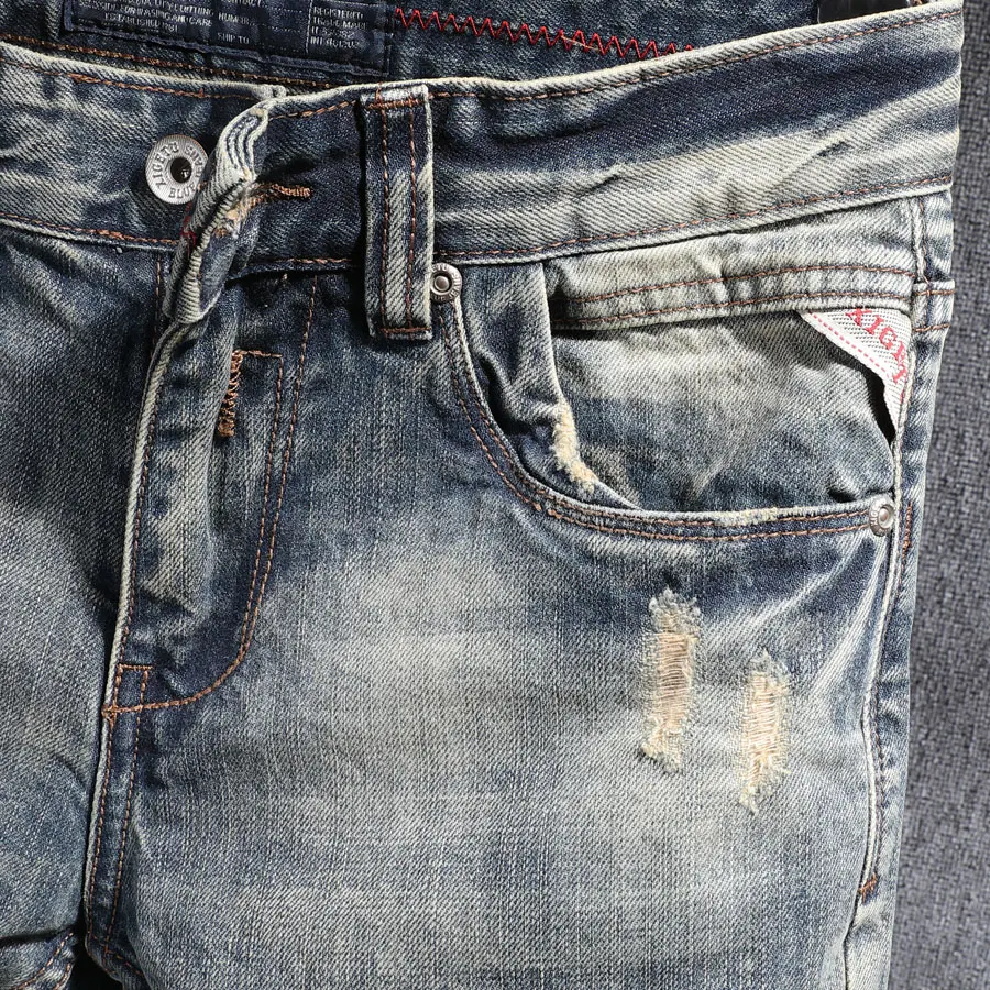 Newly Vintage Fashion Men Jeans High Quality Retro Yellow Blue Slim Fit Ripped Jeans Men Distressed Designer Casual Denim Pants