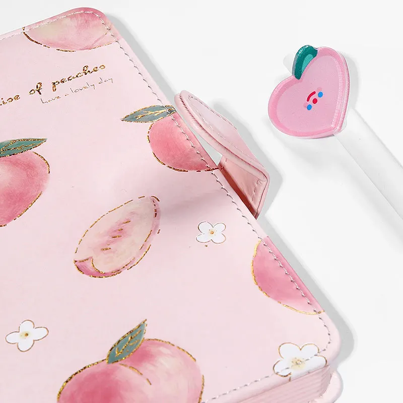 

Kawaii Notebook Pink Peach Conference Book A5 Magnetic Buckle Diary Color Illustration Daily Plan Faux Leather Cover 112 Pages
