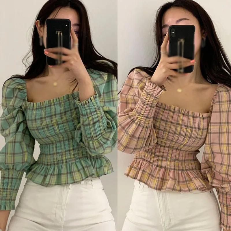 

Women's Retro Plaid Puff Sleeve Blouse 2020 New Female Square Collar Sweet Ruffles Chiffon Shirt Women Clothes