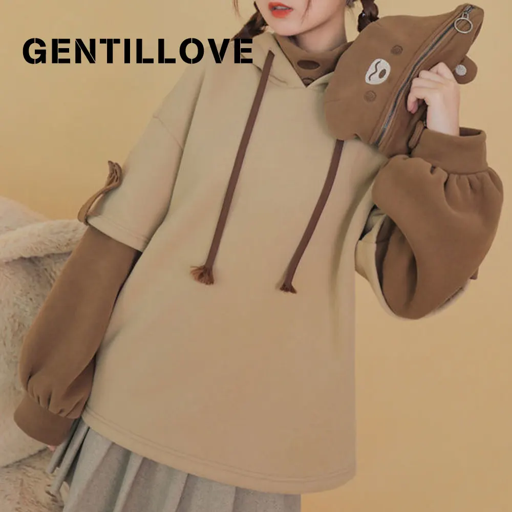 

Толстовка с капюшоном Kawaii Bear Женская, толстовка в стиле Харадзюку, Флисовая теплая осенне-зимняя одежда, свободная сумка, корейский Модный п...