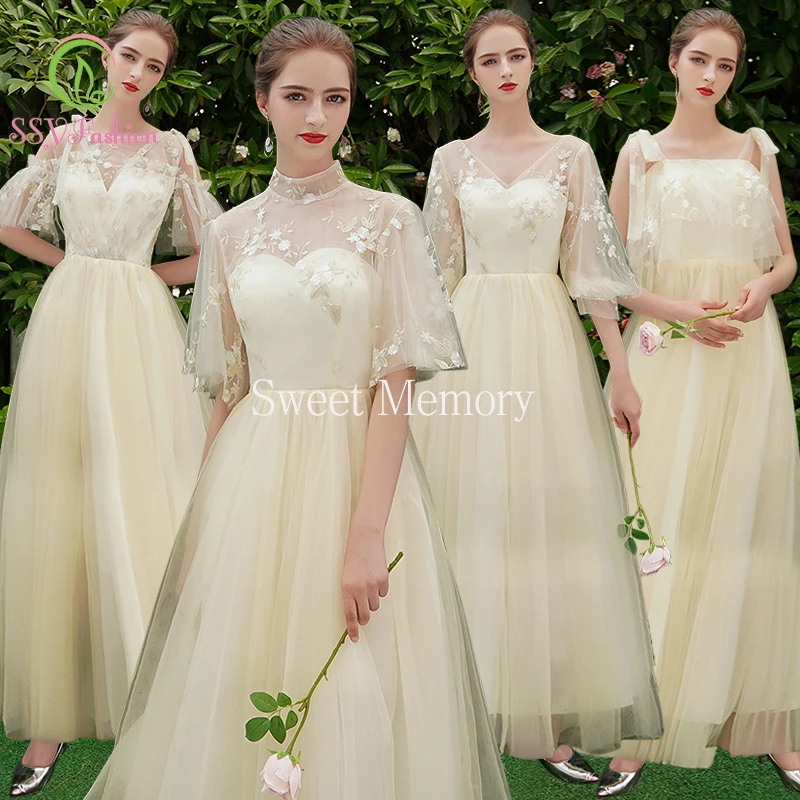 

4 Styles 2021 Women Lace Tulle Champagne Bridesmaid Dress Half Sleeve V-Neck Wedding Party Special Occasion Robe Sweet Memory