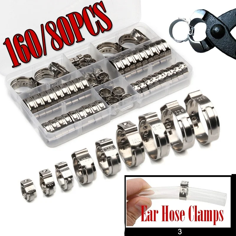 

80 Pcs 5.8-23.5mm 1-Ear Stepless Clamp Assortment Ear Crimps Kit 304 Stainless Steel