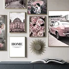 Модельный настенный постер с принтом розовых роз, автомобиль, улица, девушка, строительство, холст, картина, скандинавский дом, картины для декора гостиной