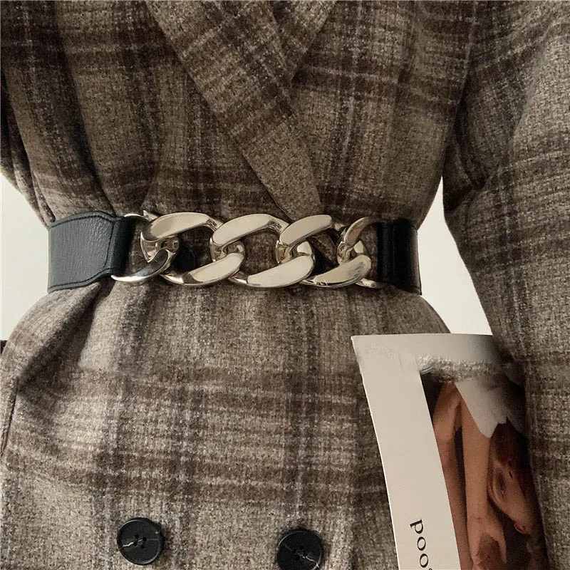 

Fashion Elastic Women Belt Gold Silver Metal Chain Waist Strap For Dress Coat Suit Designer Lady All-match Decorative Waistband
