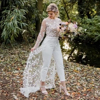 wedding jumpsuit pants suit boho country long sleeve lace floral backless bride outfits bridal gowns summer beach bridal dresses