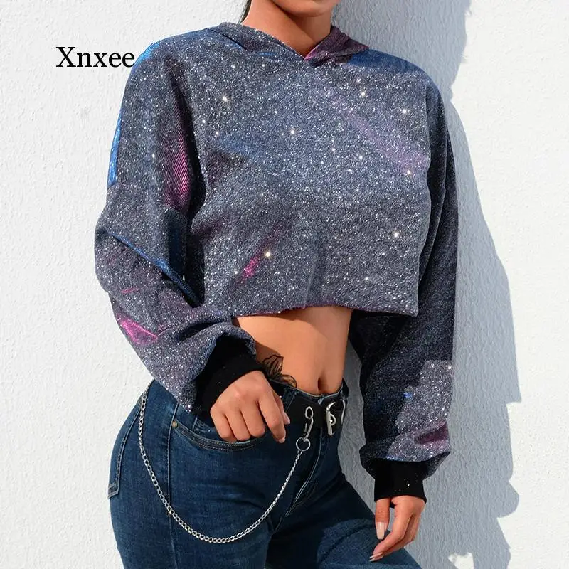 Укороченная Толстовка Оверсайз с серебряными блестками и длинным рукавом