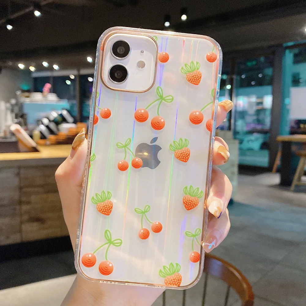 

Cute Cartoon Laser Phone Case For iPhone 12 11 Pro Max XR XS Max X 7 8 Plus SE2 Shockproof Bumper Summer fruits Clear Back Cover