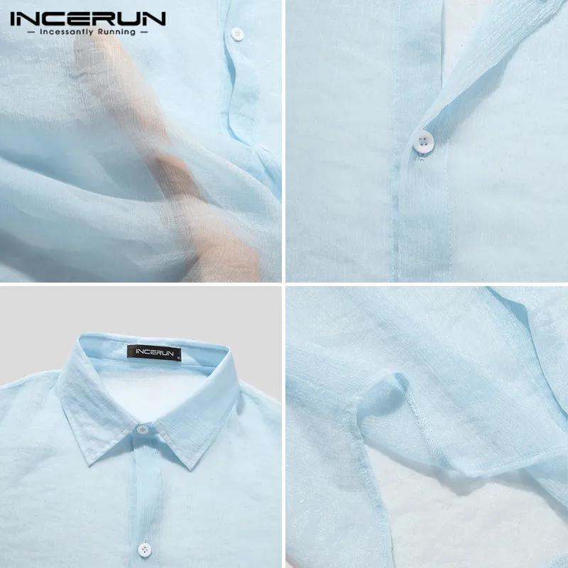 

Men Solid Color See Through Casual Shirts INCERUN Man Short Sleeve Lapel Neck Blouse 2021 Fashion Button Thin Mesh Camisa S-5XL