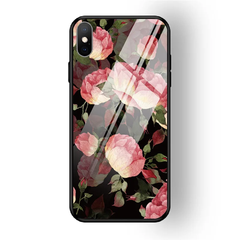 Чехол для телефона с цветочным рисунком для iPhone 7, 8, 6, 6S PLUS, XR, X, XS MAX, задняя крышка из закаленного стекла, чехол для iPhone 5 5S se, глянцевый противоударный чехол