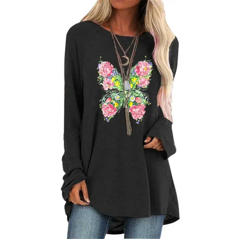 

Women's Round Neck Butterfly Print Top Long Sleeve Loose Blouse Casual T-shirt