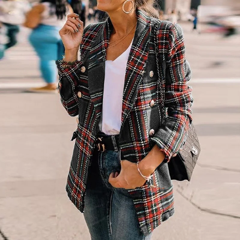

Women Woolen Coat Autumn Winter Cassic Simple Long Plaid Cardigan Coat Medium Long Coat Wool Coat All Match Vintage Plus Size