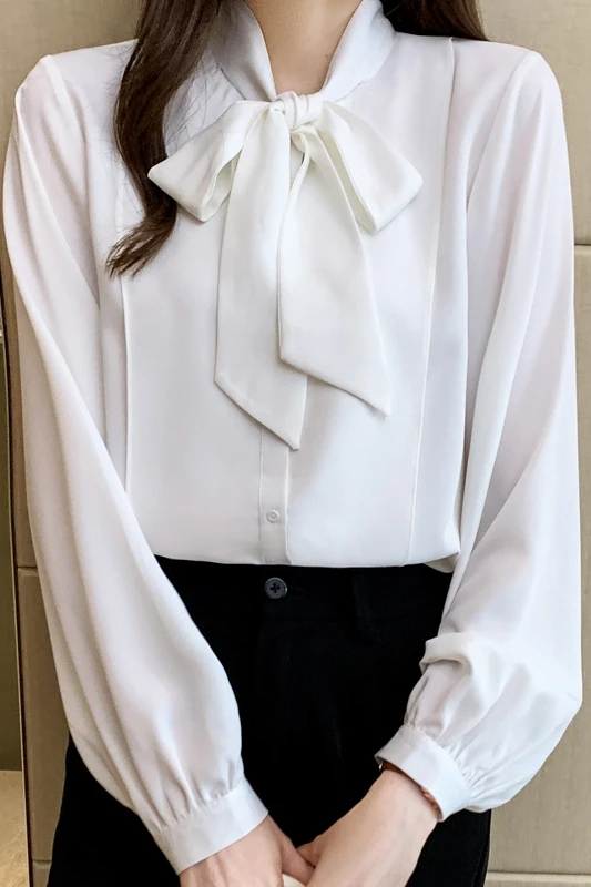 

Women's Blouses Chiffon Long Sleeve Tops V-neck Shirts Bow Solid Color Fashion Casual Loose Commute