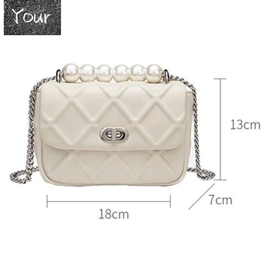 

Women Lattice Pattern Shoulder Bag Pearl Handle Solid PU Chain Messenger Crossbody Handbag Youth Ladies Simple Versatile Bag