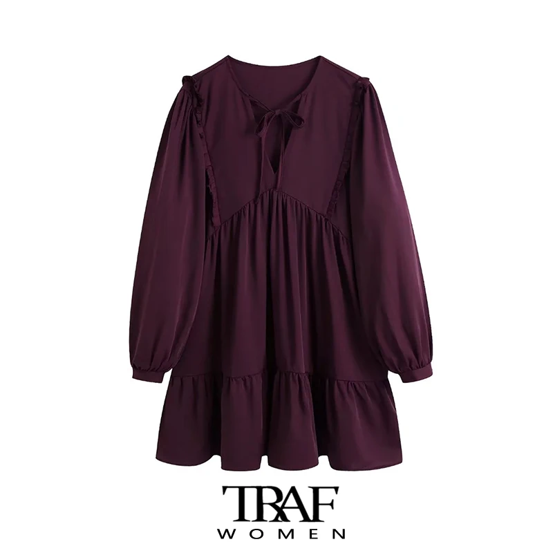 

Платье-мини с оборками, V-образным вырезом и длинным рукавом