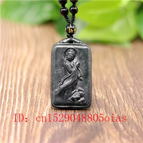 Natural Black Green Jade Guanyin Pendant Beads Necklace Charm Jewelry Obsidian Accessories Carved Amulet Gifts for Men | Украшения и