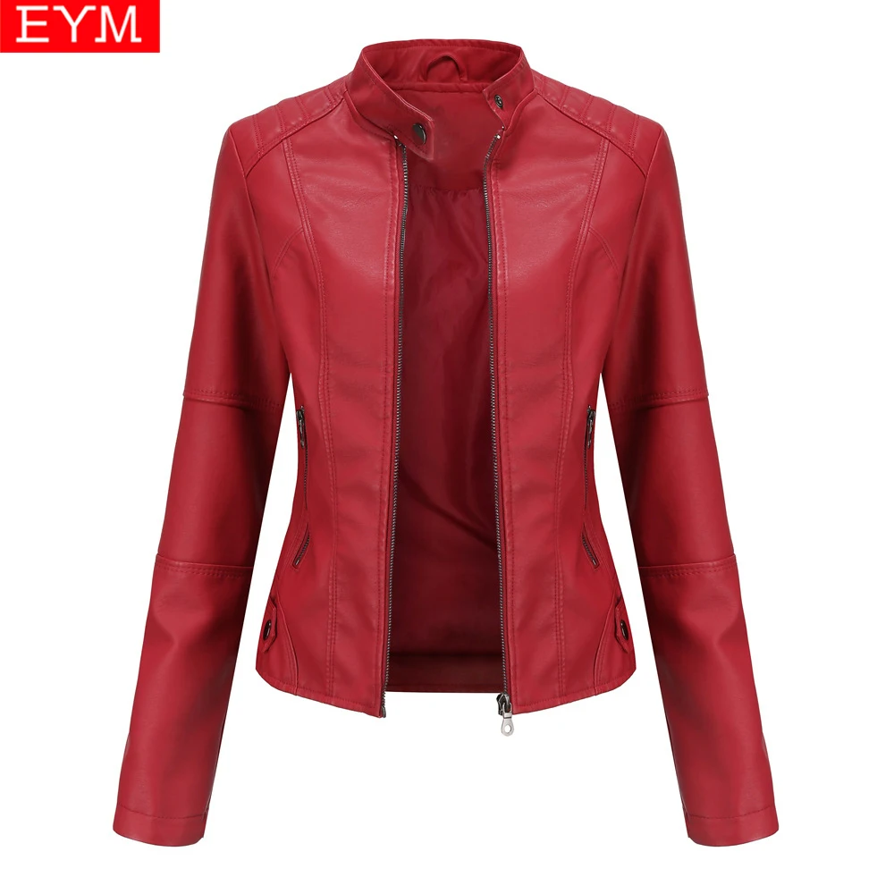

2021 Autumn New Women Pu Leather Motorcycle Jacket Female Solid Color Red Black Stand-up CollarJackets Lady Casual Jacket