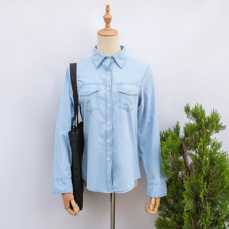 Женская рубашка с длинным рукавом Повседневная синяя джинсовая карманами весна