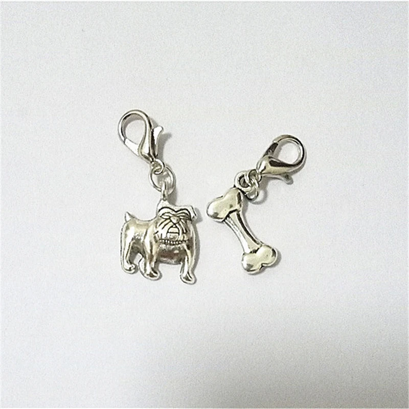 

4pcs Dog and Bone Charm bulldog Clip on charm Pug Lobster Buckle, Metal Antique Silver Color Fashion Animal Jewelry Accessories