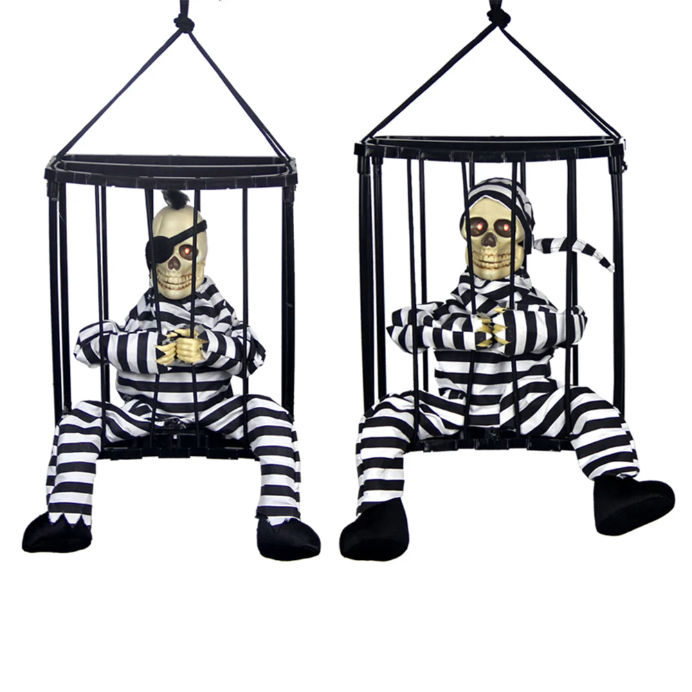 

New Halloween Prisoner Hanging Ghost The Bone In Prison Bar Decorative Infrared Sensor Props Dress With Prison Clothes Props