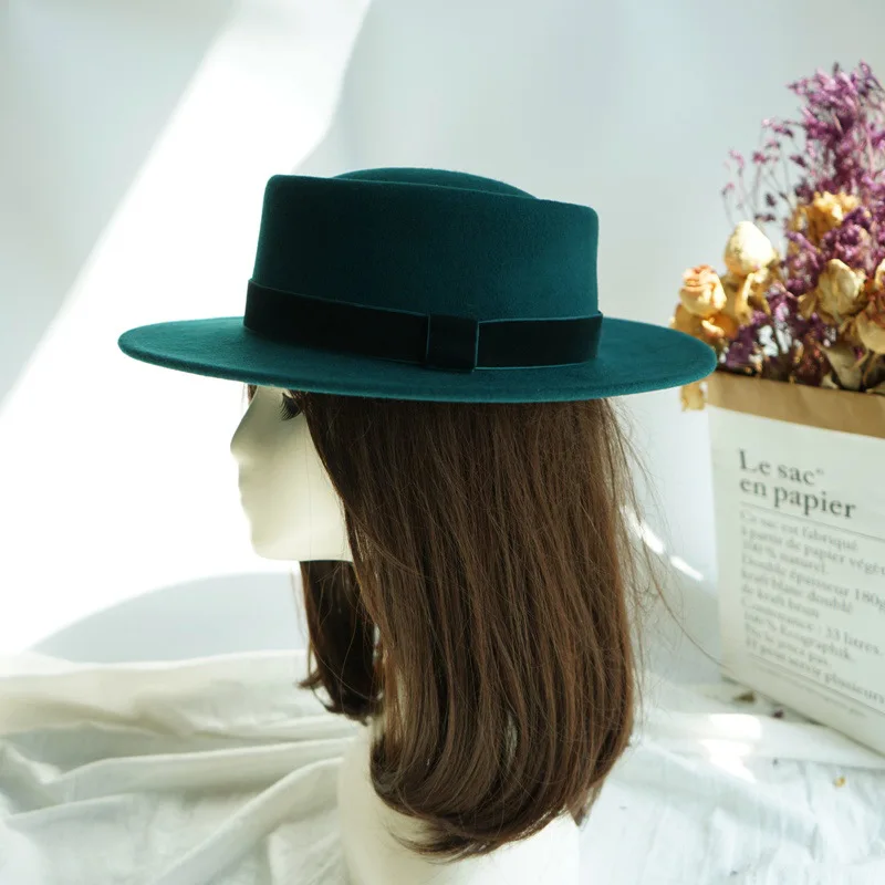 202010-panshi-france grace Retro  gemstone green wool velvet ribbon fedoras cap men women leisure panama jazz hat