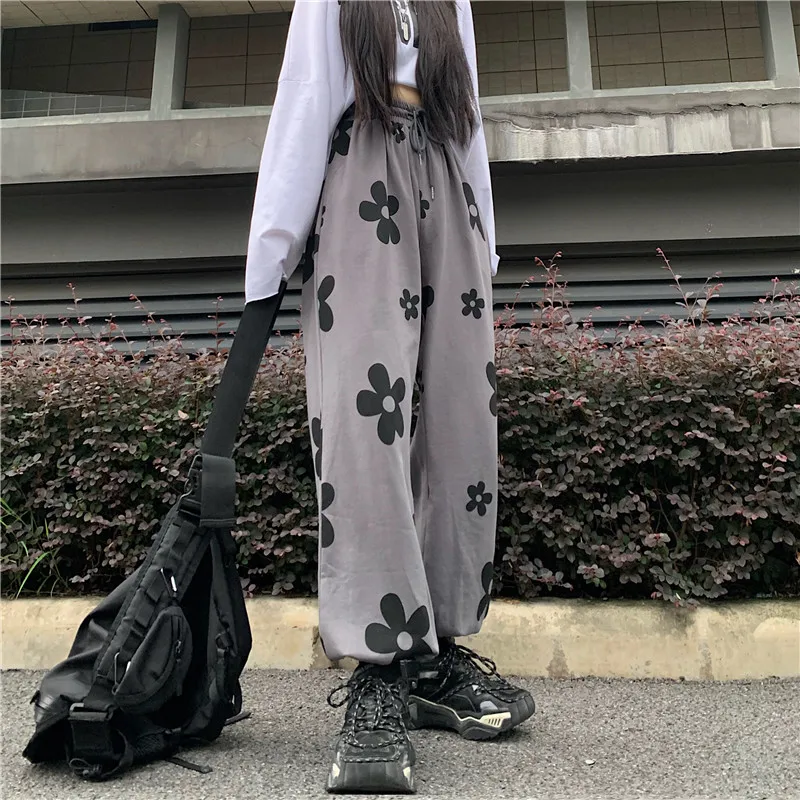 

Korean flower print trousers women straight loose casual long capris bf empire gray wide leg pants fashion sweatpants hipster