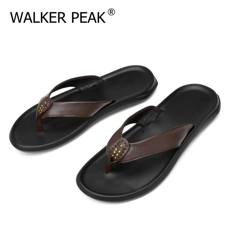 

2021 Genuine Leather Men Slippers Comfortable Lightweight Summer Slippers Men Shoes Breathable Flat Big Size 45 Pantuflas Hombre