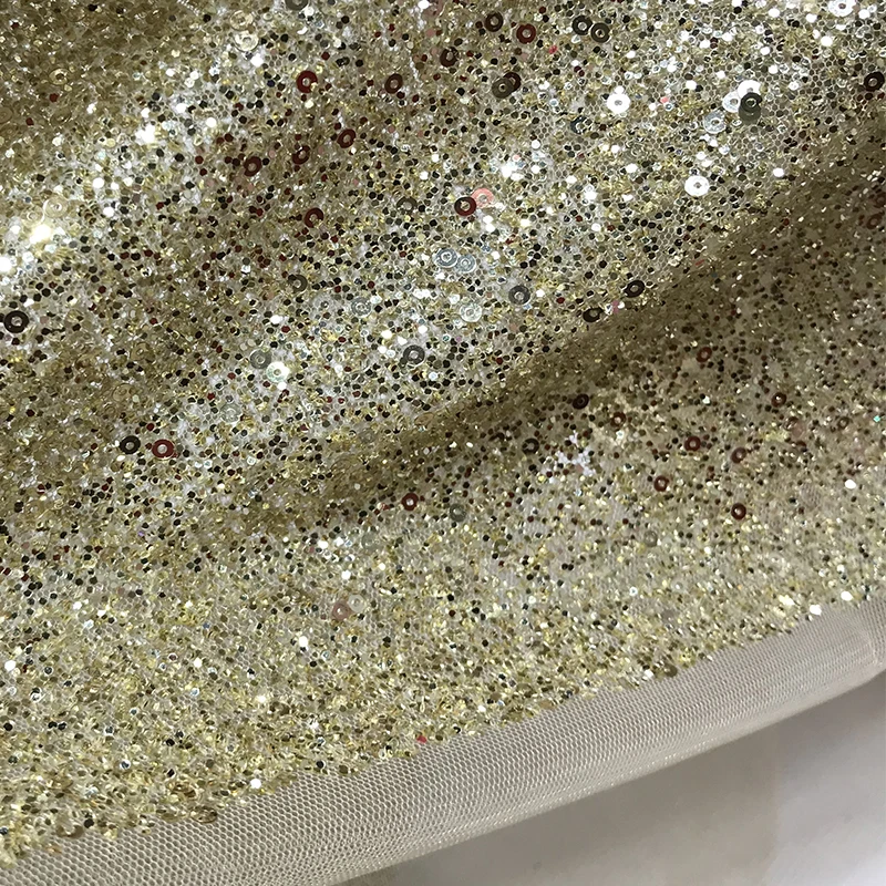 

Champagne Nigerian Net Sequins Lace Fabric Gold Glitter Tulle Mesh Textiles for Party Night Dress Luxury Shining Material Cloth