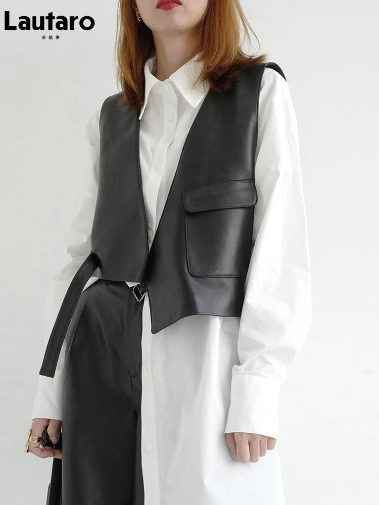 Lautaro Весна короткий черный мягкий кожаный жилет из искусственной кожи с глубоким