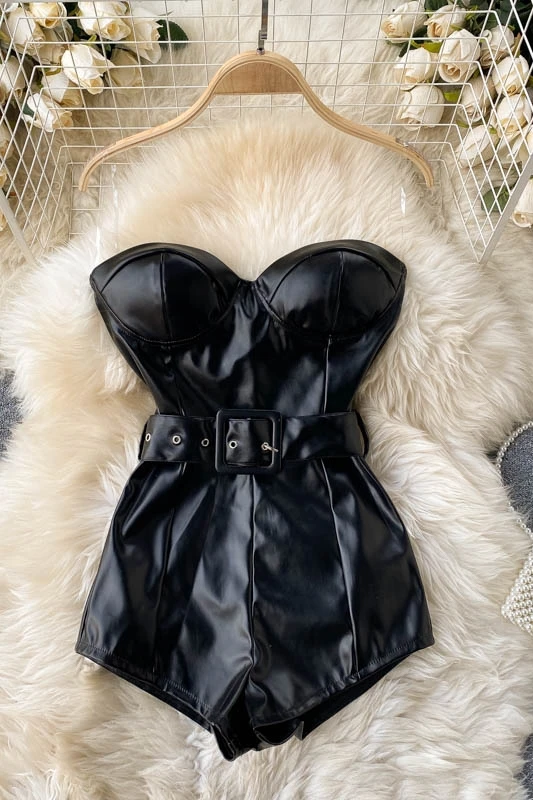 

ZOSOL Cool locomotive girl sexy bra Jumpsuit women's fashionable inside and outside wear slim short Pu hot pants