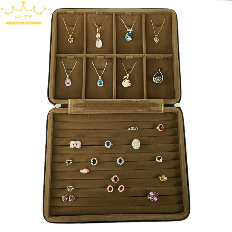 High Quality Jewelry Storage Box Zipper Organizer Necklace Pendant Holder Ring Leather Velvet Case Business Travel