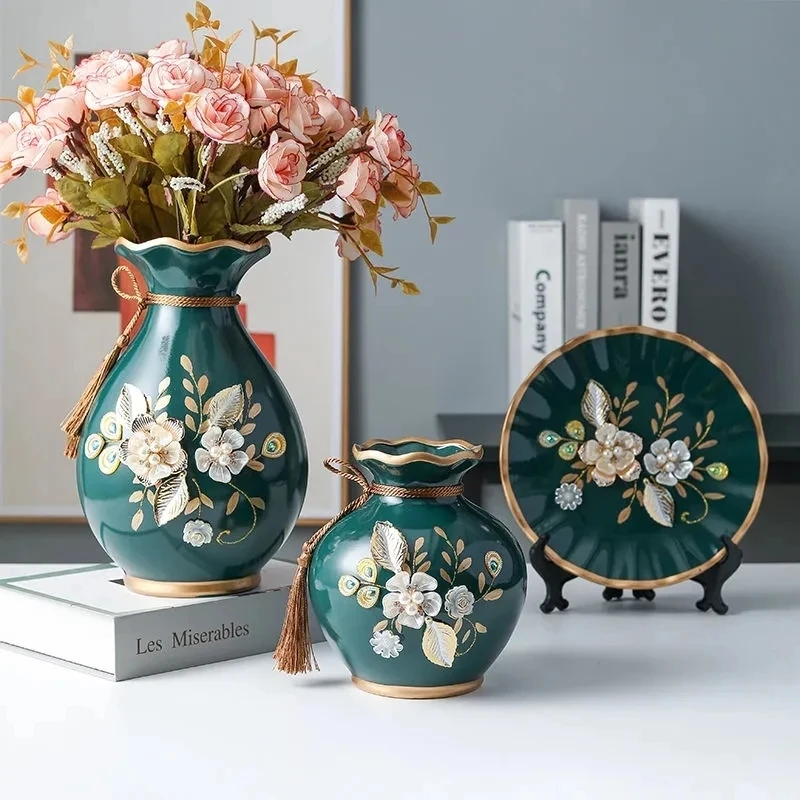 3Pcs/Set European Ceramic Vase Dried Flowers Flower Arrangement Wobble Plate Living Room Entrance Ornaments Home Decorations 3