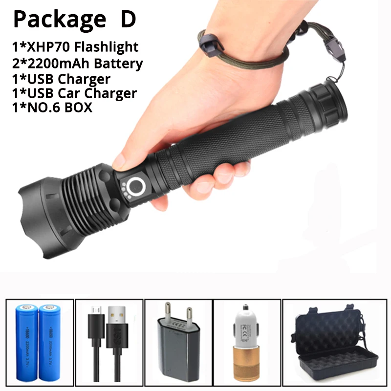 Package D Самый мощный светодиодный фонарь xhp70.2 с usb зумом xhp70 xhp50 18650 или 26650 батареей, Лучший Отдых на природе, на открытом воздухе - Испускаемый цвет: Package D