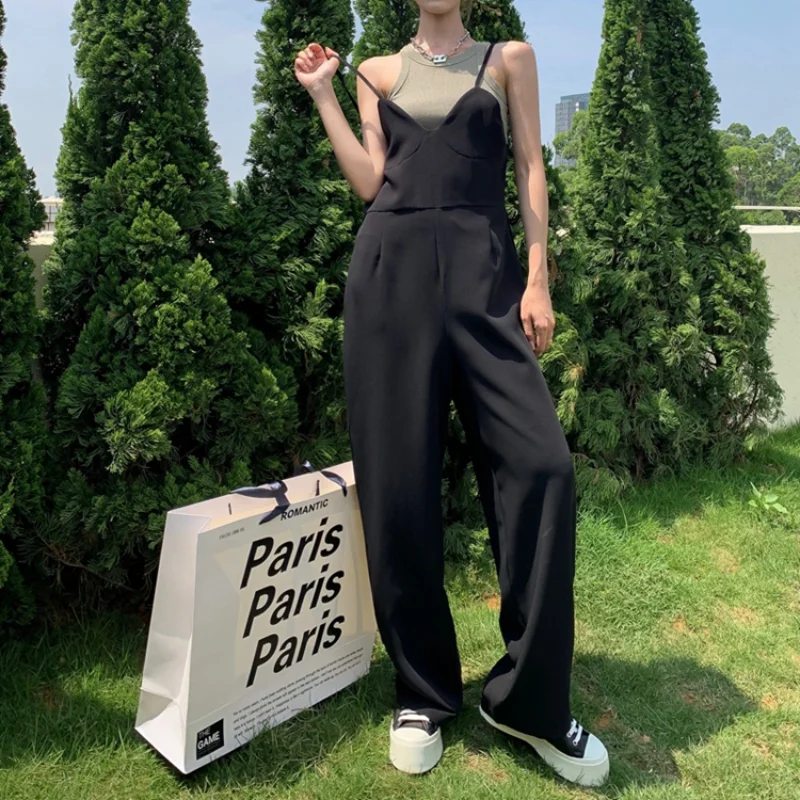 

Vintage Spaghetti Strap Jumpsuit Women Summer Korean Style 2021 New Loose Wide Leg Pant Overalls Casual Combinaison Femme