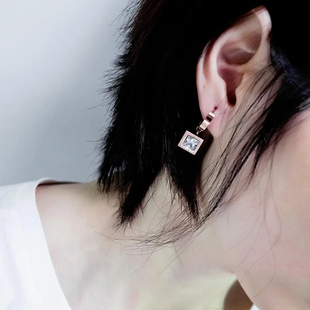 Rose Gold Color Square inlay CZ Hoop Earrings For Women Stainless Steel Ear Jewelry Gift Drop Shipping | Украшения и аксессуары