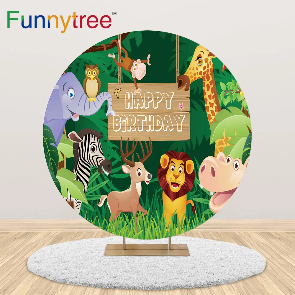 

Funnytree photo photography round background cover Safari jungle woodland animals birthday party decor children backdrop Banner