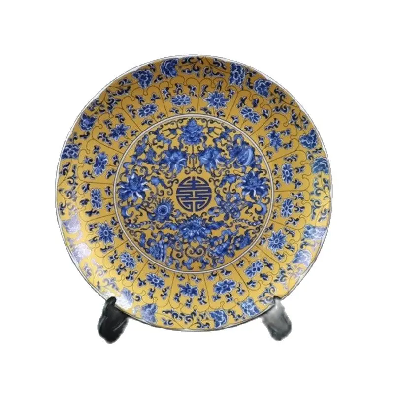 

Китайская старинная фарфоровая Золотая земля, сине-белая тарелка с узором долговечности