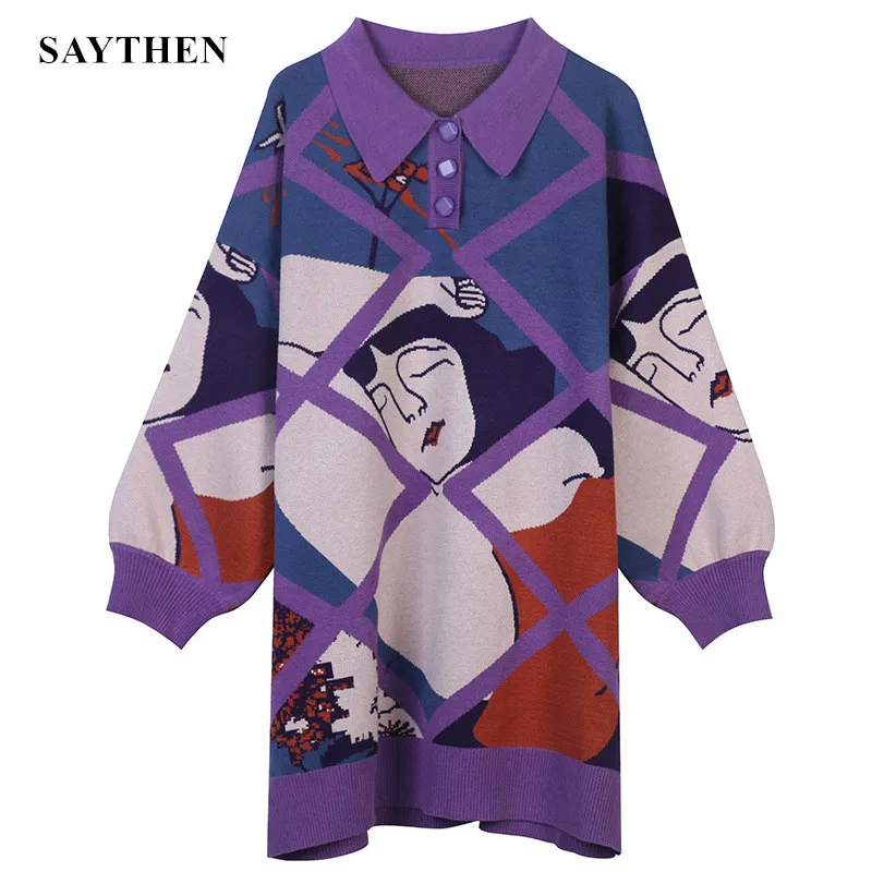 

SAYTHEN Spring Autumn New Retro Contrast Purple Color Striped Cartoon Head Cute Style Knitted Dress Sweater Midi Skirt YS22191