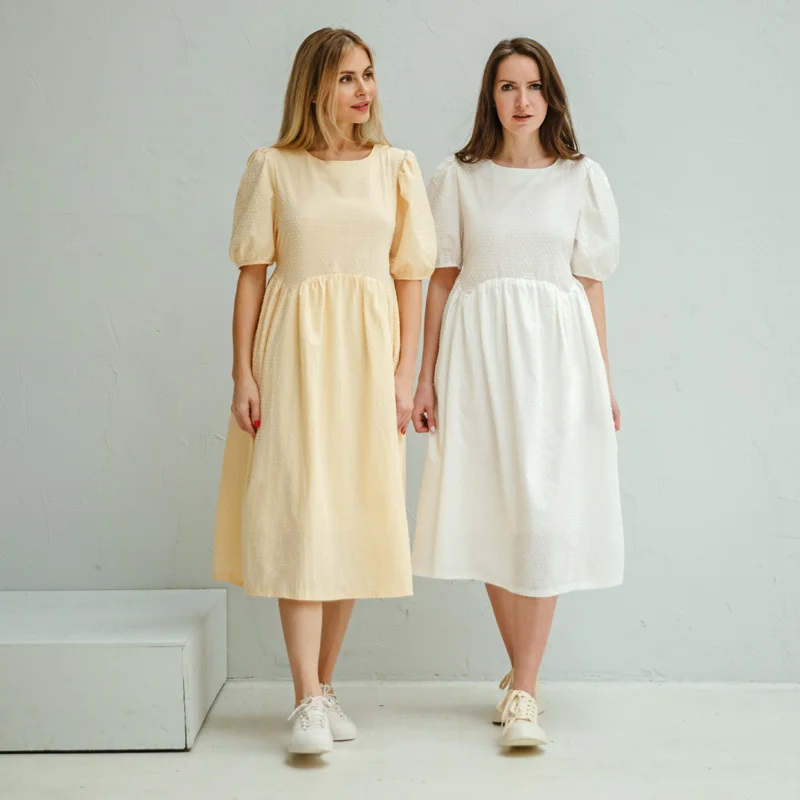 

2021 Summer Polka Dot Dress Woman White Yellow Midi Dress Loose Short Sleeve Tassel Dresses